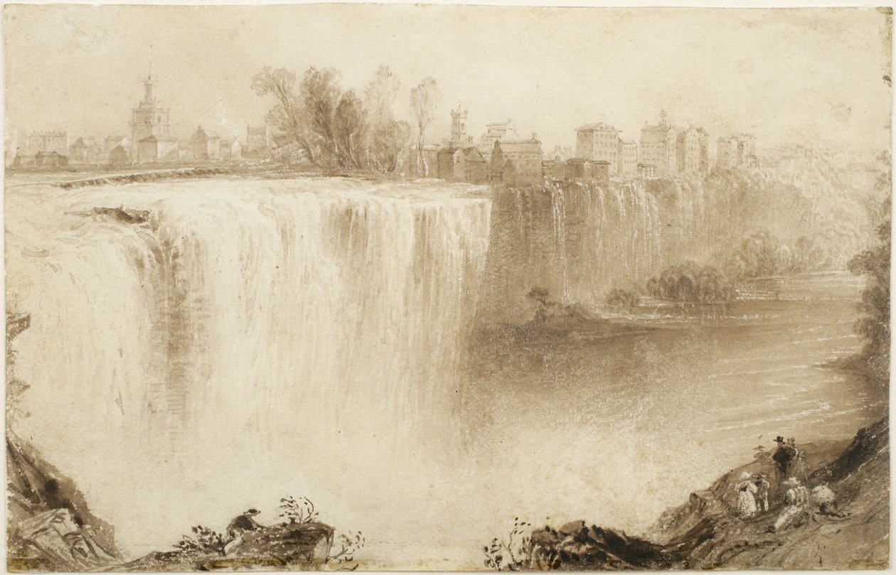 Genesee Falls, Rochester, New York: Study for an Engraving, 1836 (vask av brunt blekk med utskraping på papir) av William Henry Bartlett