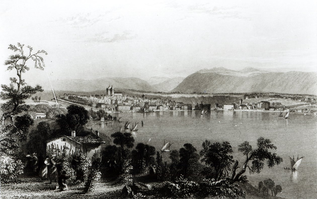 Genève fra Coligny, gravert av Robert Wallis av William Henry Bartlett