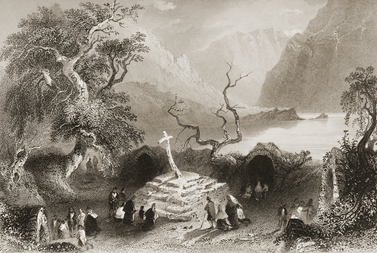 Gougane Barra, County Cork, Irland, fra "Scenery and Antiquities of Ireland" av George Virtue, 1860-tallet av William Henry Bartlett