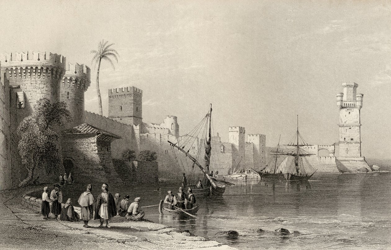 Rhodos havn, Hellas, gravert av J.C. Armytage (1820-97) av William Henry Bartlett