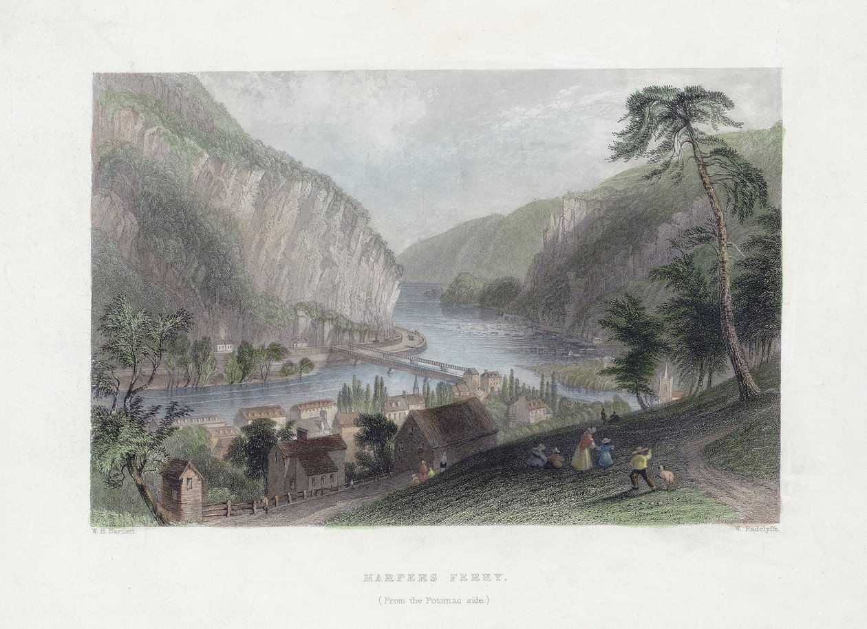 Harpers Ferry (fra Potomac-siden), pub. 1839 (håndfarget gravering) av William Henry Bartlett