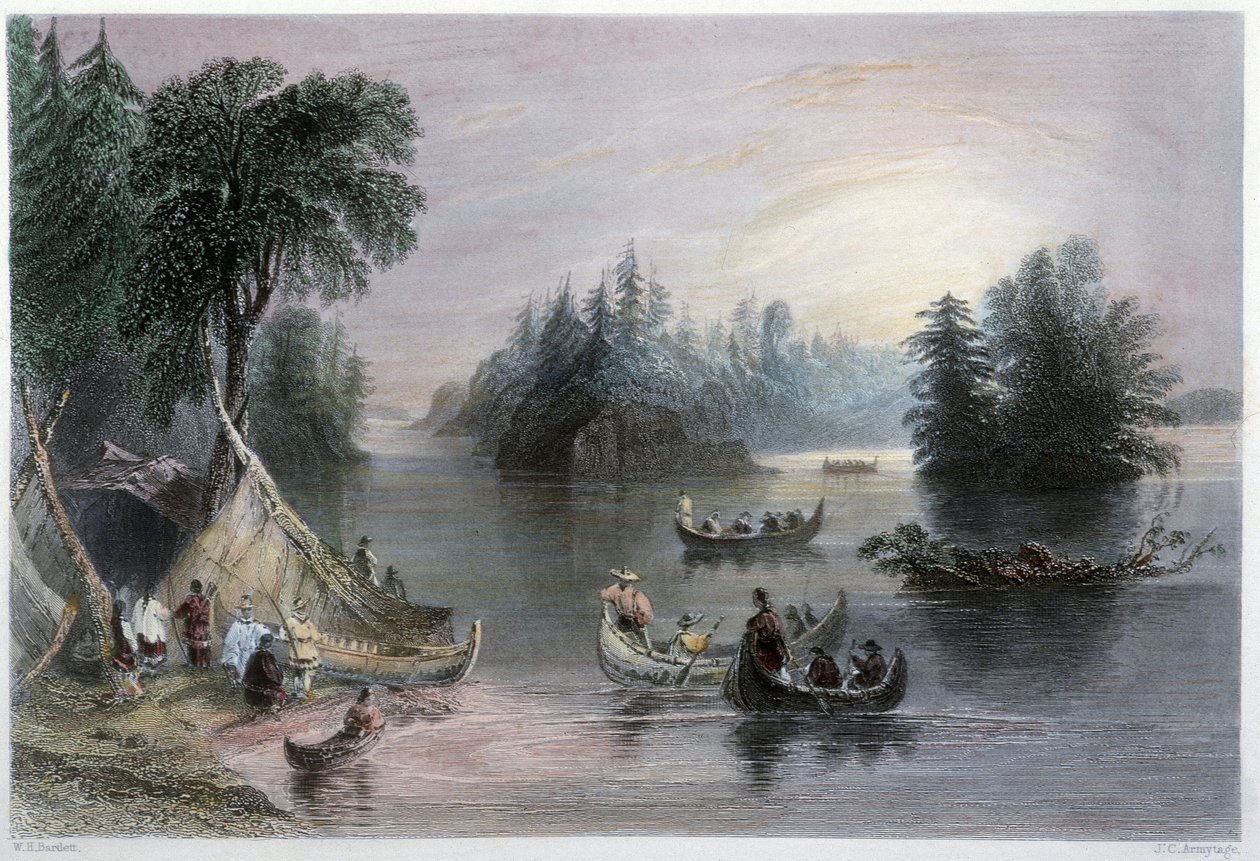 Indiske tipier og kanoer, Banks of the St Laurent - i "" kanadisk landskap illustrert" av W.H. Bartlett, London av William Henry Bartlett