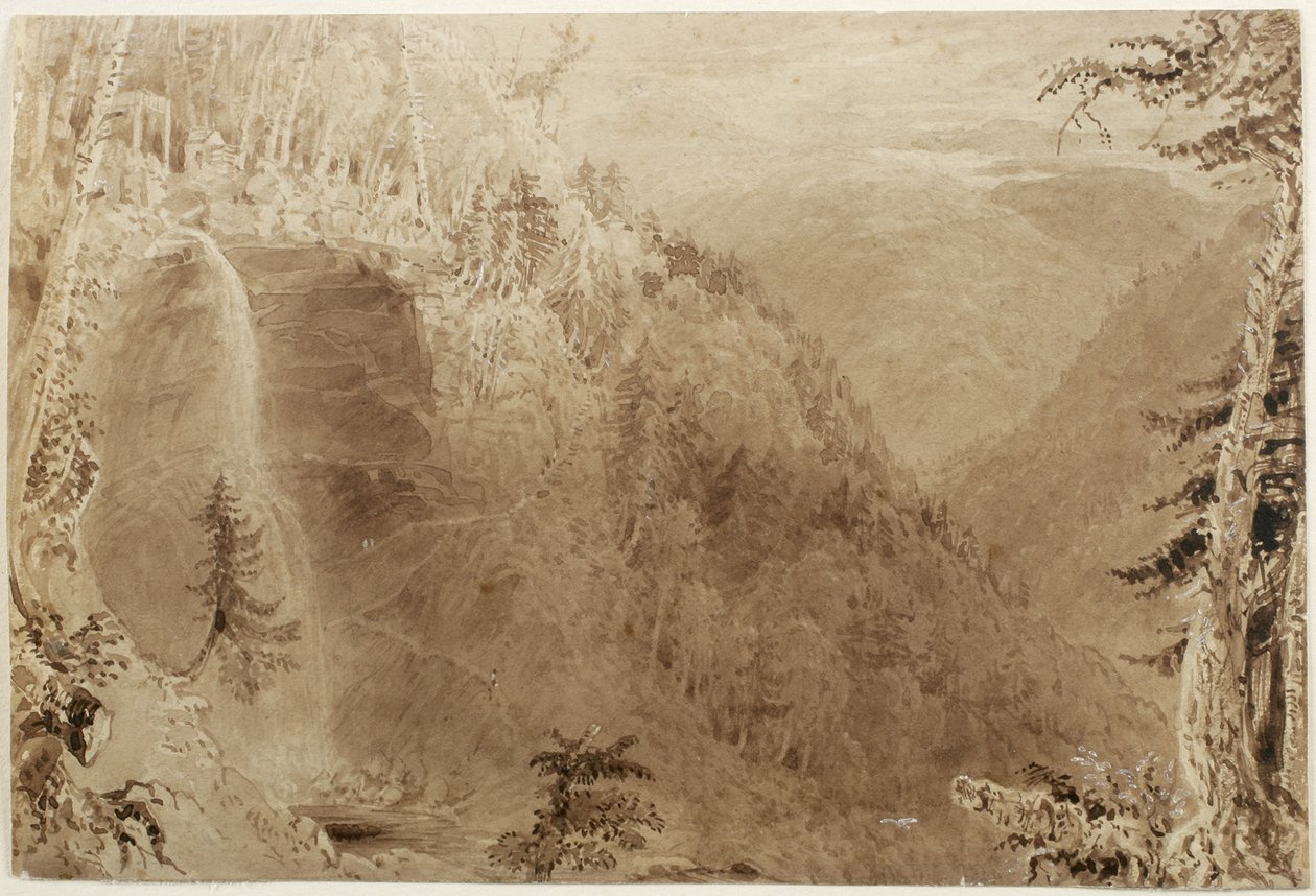 Kaaterskill Falls from Above the Ravine, Catskill Mountains, New York: Study for an Engraving, 1836 (brun blekkvask med innslag av hvit forhøyning på papir, lagt på kort) av William Henry Bartlett