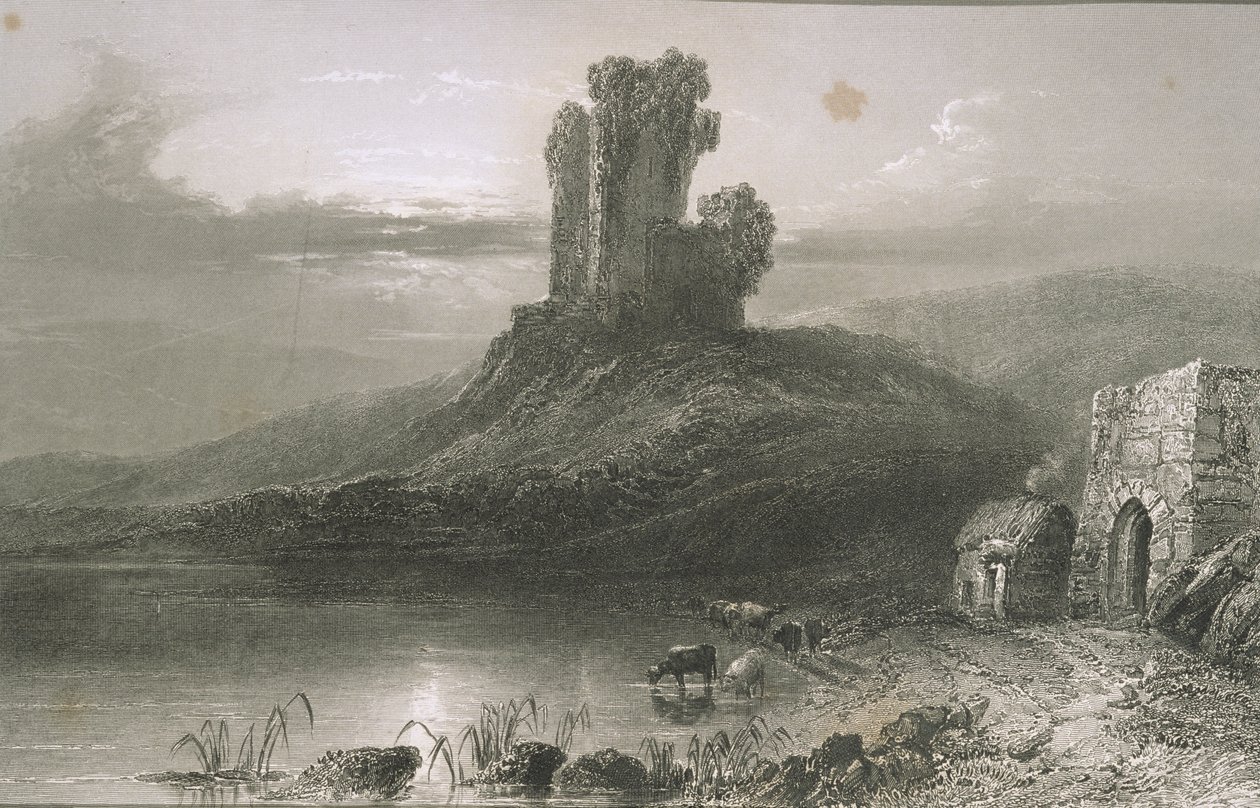 Kilcolman Castle, County Cork, Irland, fra "Scenery and Antiquities of Ireland" av George Virtue, 1860-tallet av William Henry Bartlett