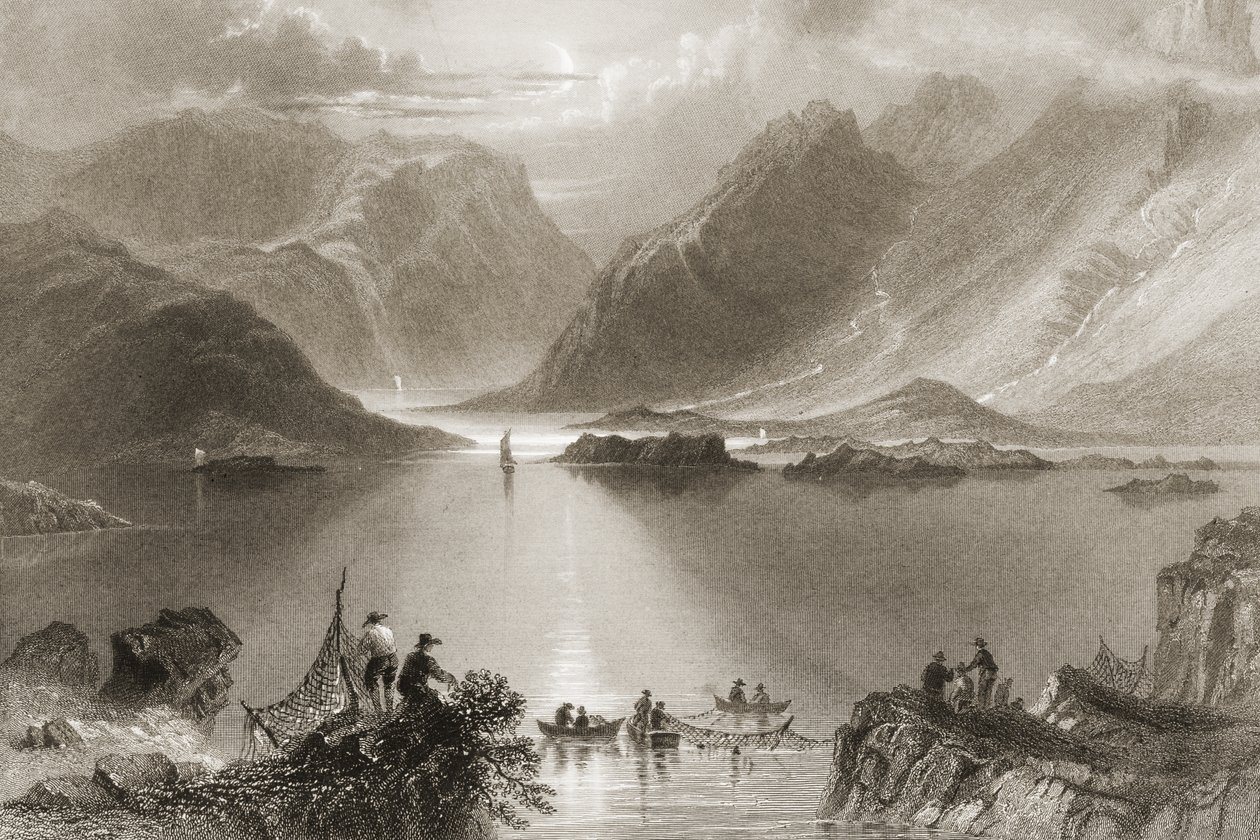 Killary Harbour, County Mayo, Irland, fra "Scenery and Antiquities of Ireland" av George Virtue, 1860-tallet av William Henry Bartlett
