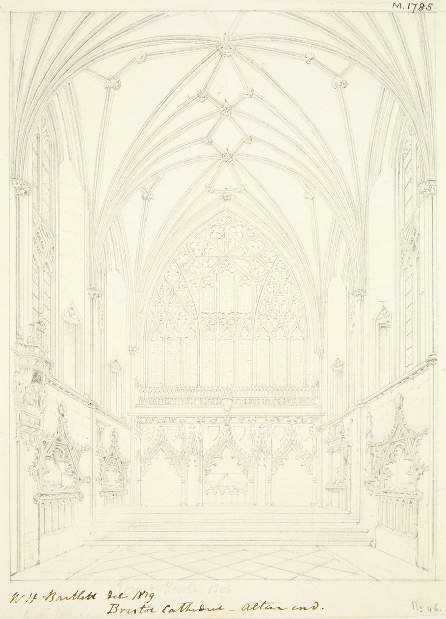 Lady Chapel of Bristol Cathedral ser østover (blyant og akvarell på papir) av William Henry Bartlett
