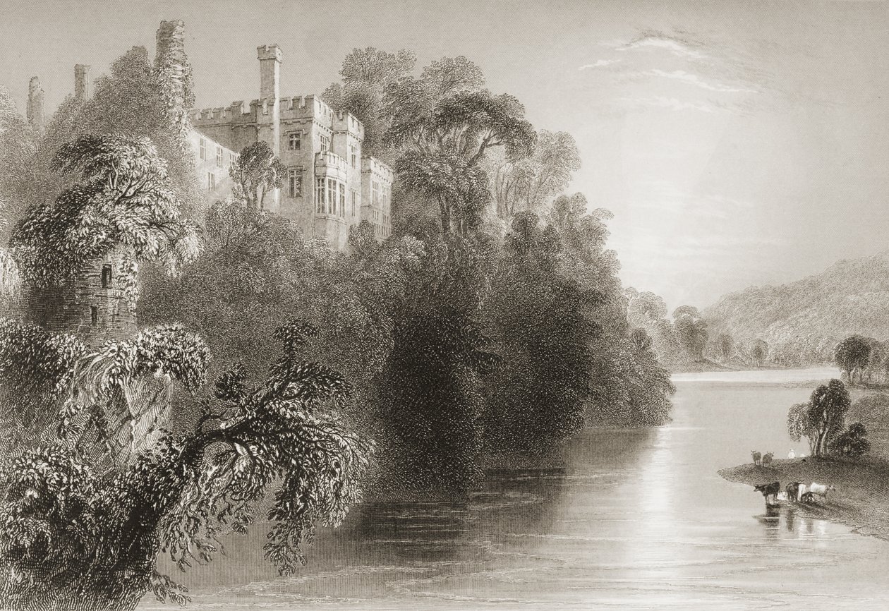 Lismore Castle, Lismore, County Waterford, Irland, fra "Scenery and Antiquities of Ireland" av George Virtue, 1860-tallet av William Henry Bartlett