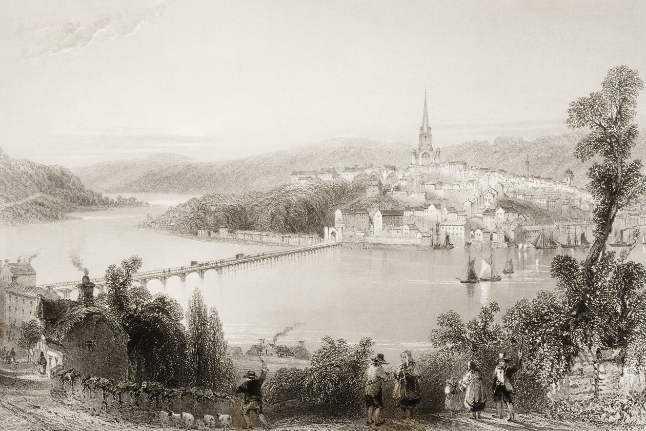 Londonderry, County Londonderry, Nord-Irland, fra "Scenery and Antiquities of Ireland" av George Virtue, 1860-tallet av William Henry Bartlett