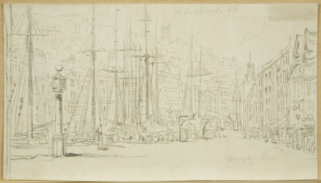 Ser langs Broad Quay fra skiven (blyant på papir) av William Henry Bartlett