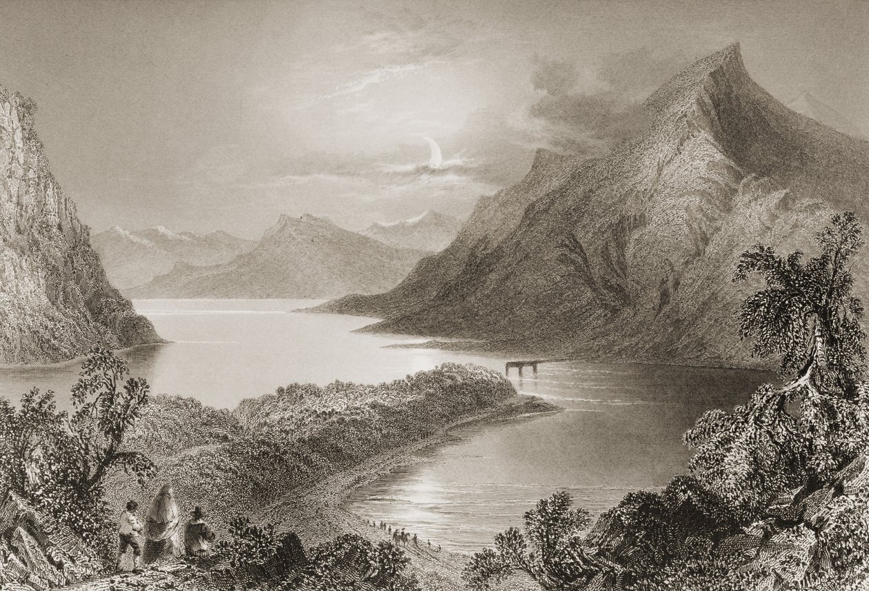 Lough Inagh, Connemara, County Galway, fra "Scenery and Antiquities of Ireland" av George Virtue, 1860-tallet av William Henry Bartlett