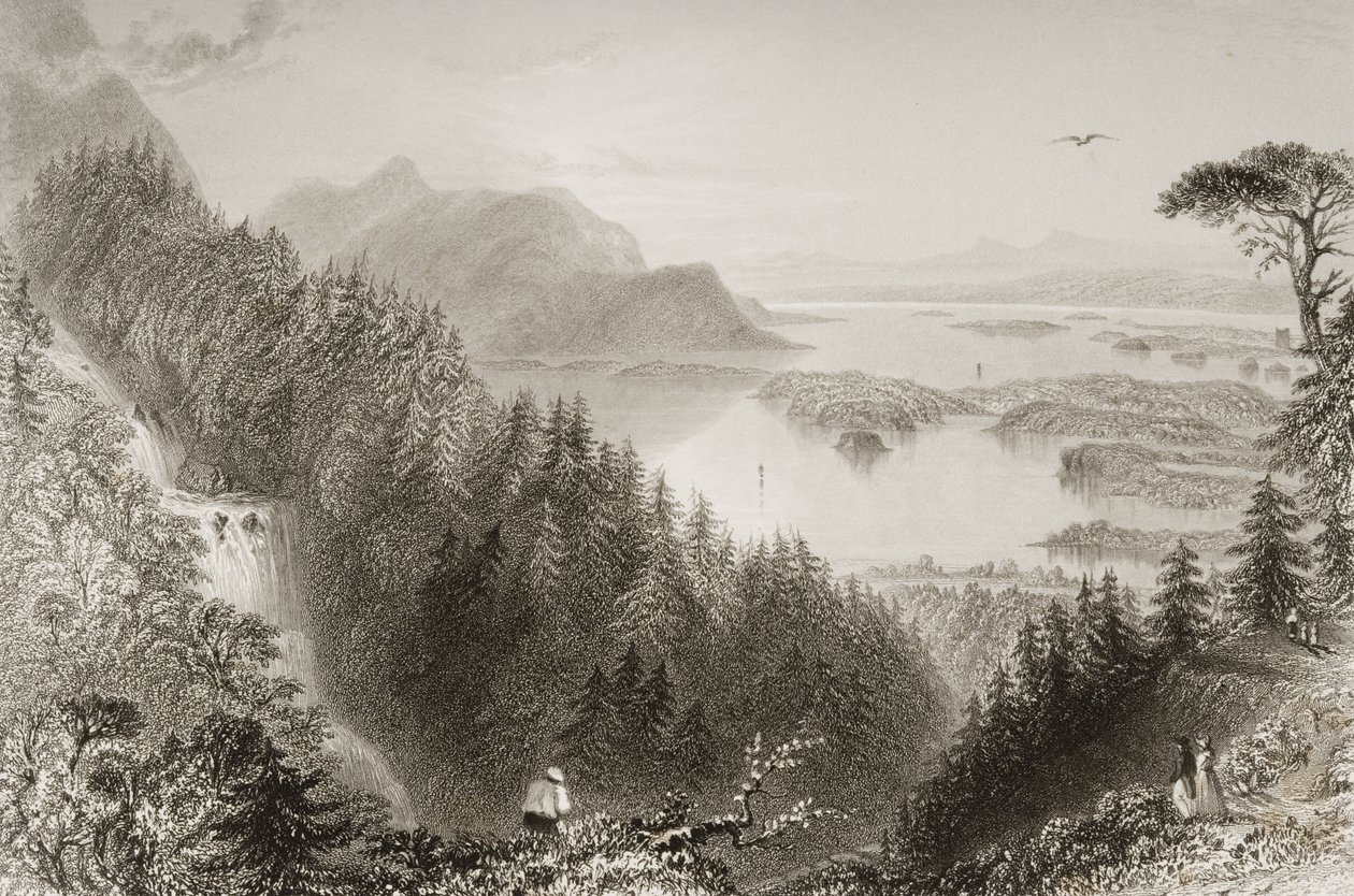 Lower and Turk Lakes, County Killarney, Irland, fra "Scenery and Antiquities of Ireland" av George Virtue, 1860-tallet av William Henry Bartlett