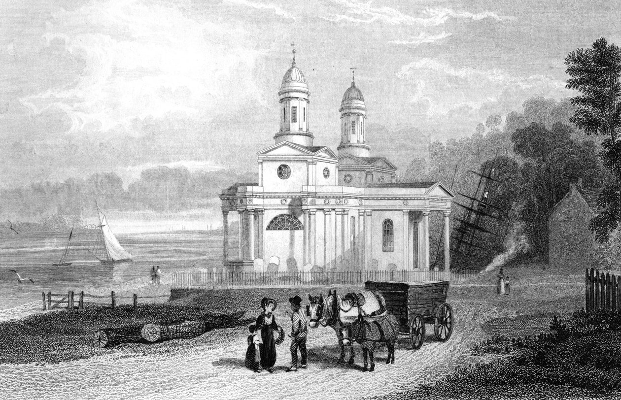 Mistley Thorn Church, nær Manningtree, Essex, gravert av Henry Adlard, 1832 av William Henry Bartlett