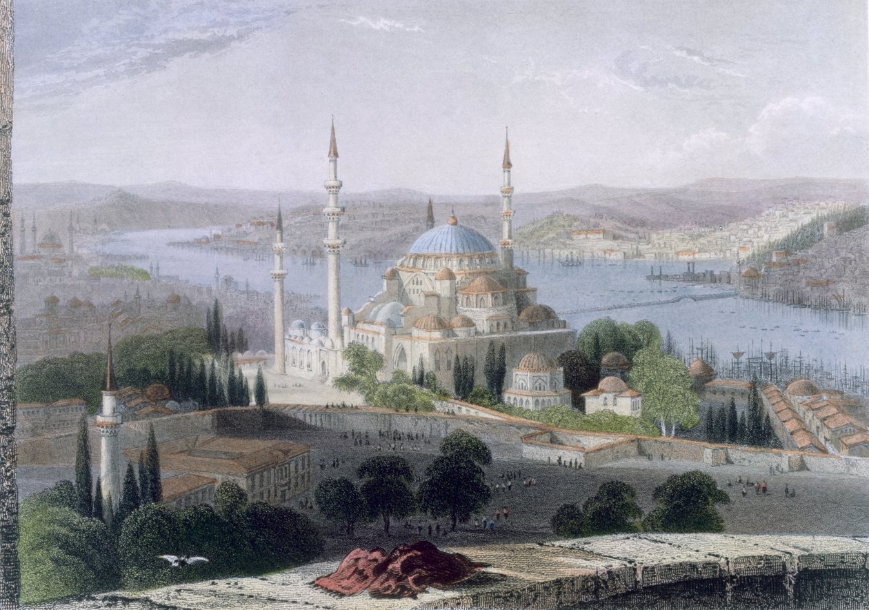 Moske og grav til Suleiman, ca. 1850 (farget akvatint) av William Henry Bartlett