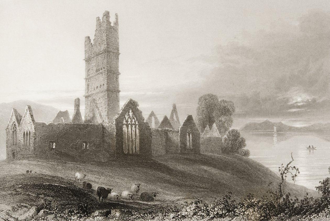 Moyne Abbey, County Mayo, Irland, fra "Scenery and Antiquities of Ireland" av George Virtue, 1860-tallet av William Henry Bartlett