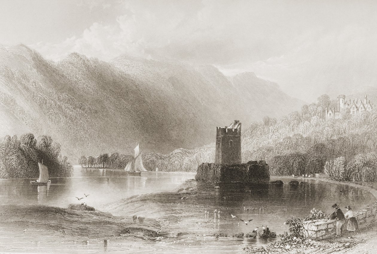 Narrow Water Castle, County Down, Nord-Irland, fra "Scenery and Antiquities of Ireland" av George Virtue, 1860-tallet av William Henry Bartlett