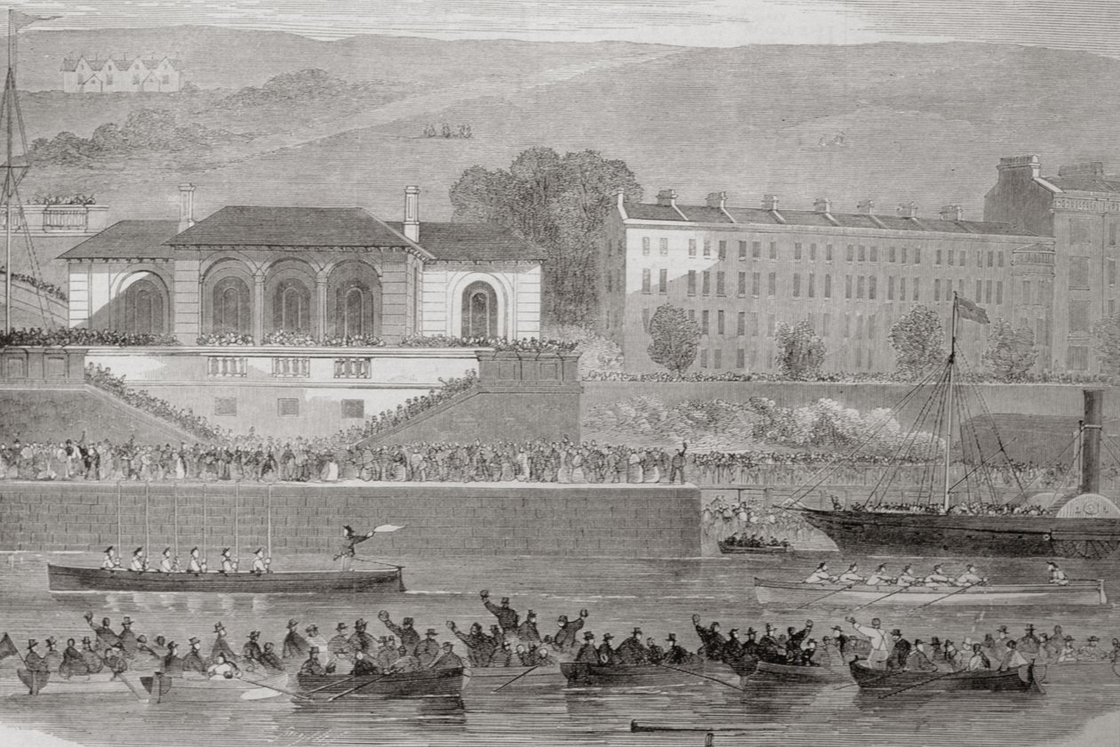Naval Boat Race i Cork Harbour, County Cork, Irland, fra "Scenery and Antiquities of Ireland" av George Virtue, 1860-tallet av William Henry Bartlett