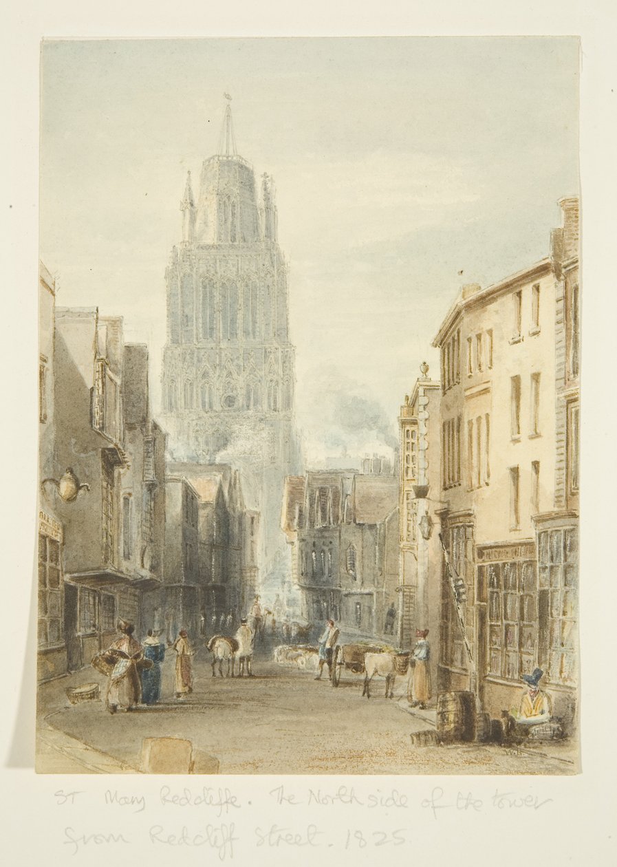 Nordutsikt over St Mary Redcliffe Church fra Redcliffe Street av William Henry Bartlett