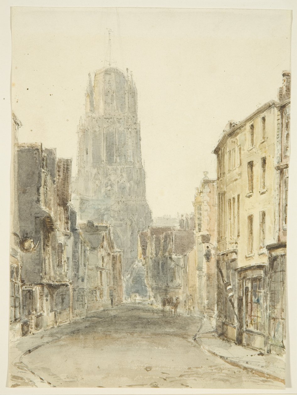 Nordutsikt over St Mary Redcliffe Church fra Redcliffe Street, ca. 1825 (blyant og akvarell på papir) av William Henry Bartlett