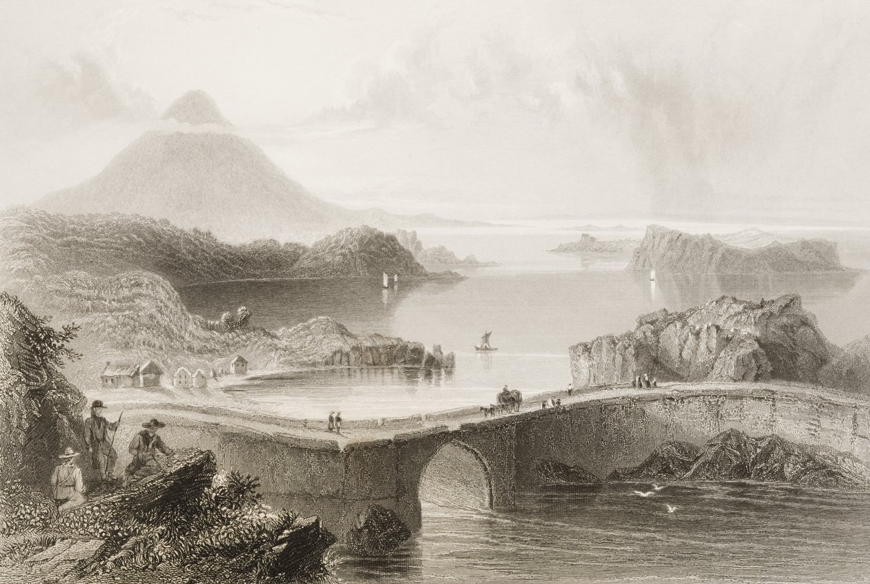 Pontoon Bridge ved Lough Conn, County Mayo, Irland, fra "Scenery and Antiquities of Ireland" av George Virtue, 1860-tallet av William Henry Bartlett
