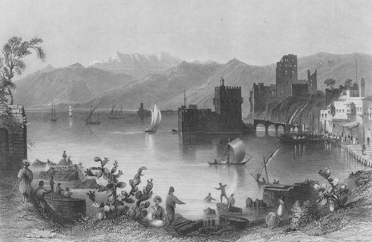 Havnen i Beirut, den gamle Berothai, gravert av J. Appleton av William Henry Bartlett