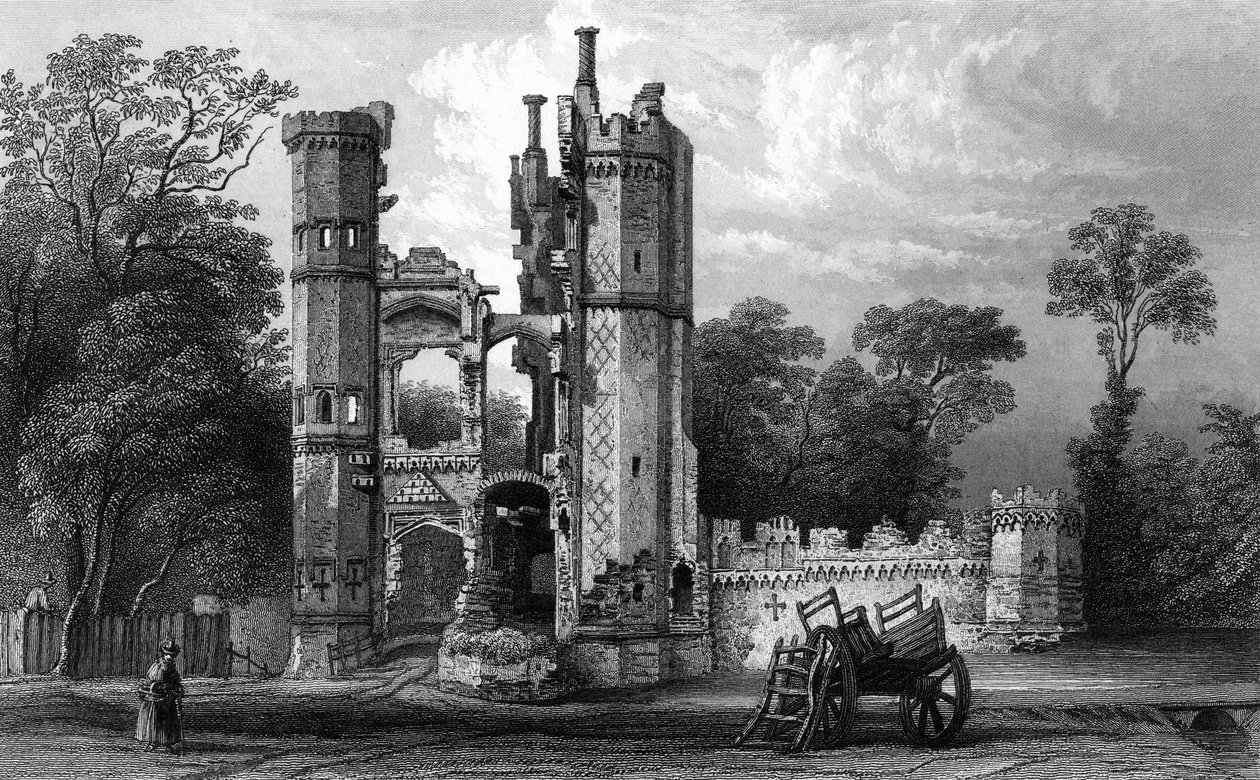 Rester av Nether Hall, nær Harlow, Essex, gravert av John Rogers, ca. 1832 (gravering) av William Henry Bartlett
