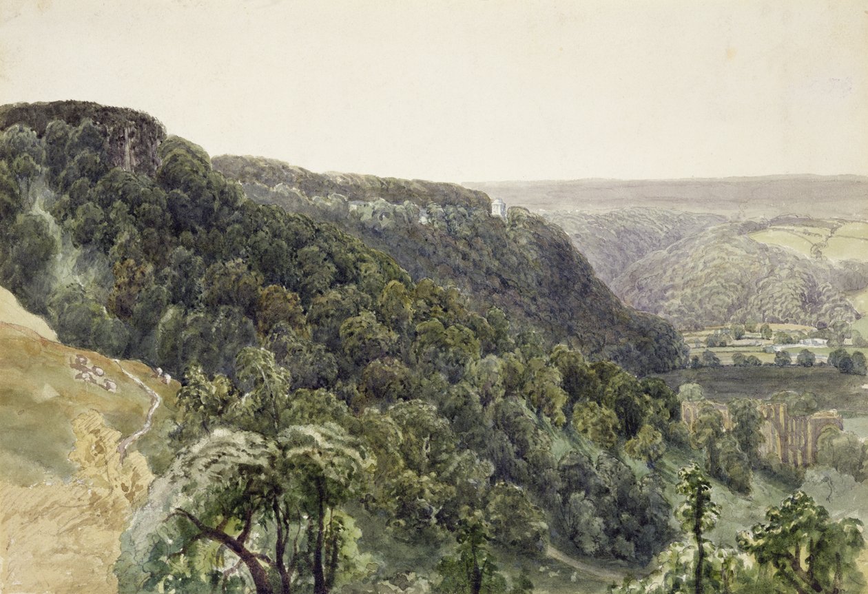 Rievaulx Abbey fra Vesten (akvarell og blyant på papir) av William Henry Bartlett