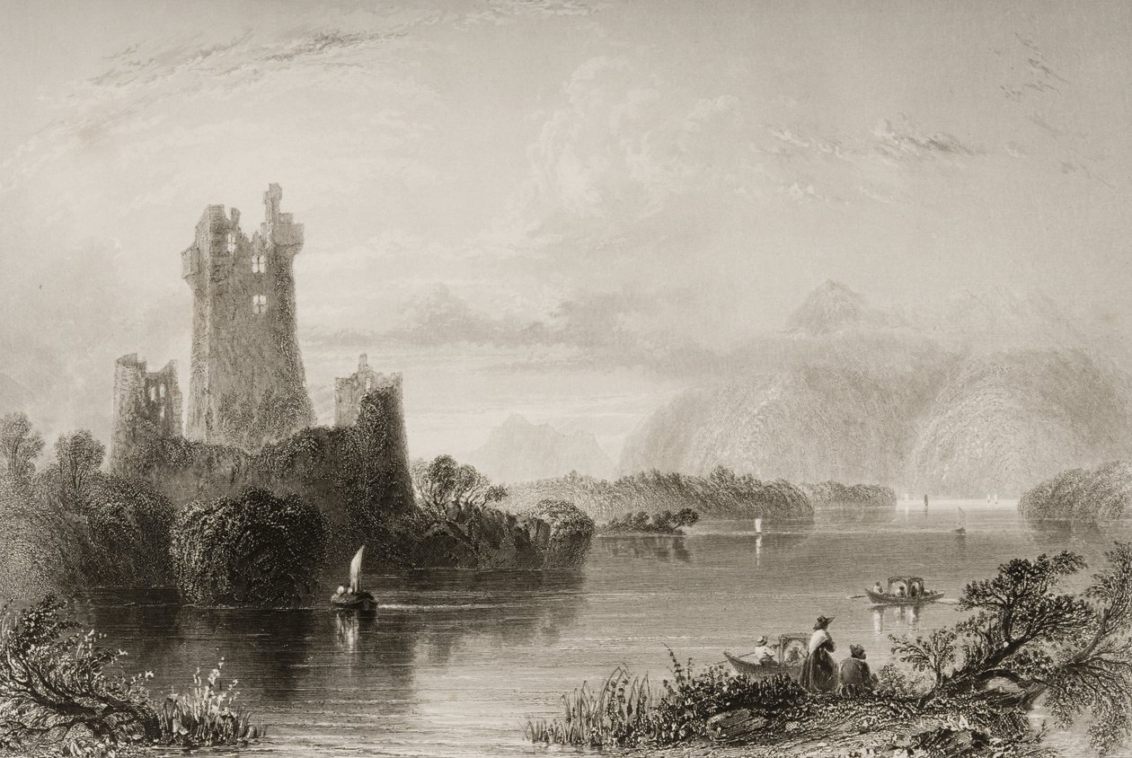 Ross Castle, Killarney, County Kerry, fra "Scenery and Antiquities of Ireland" av George Virtue, 1860-tallet av William Henry Bartlett