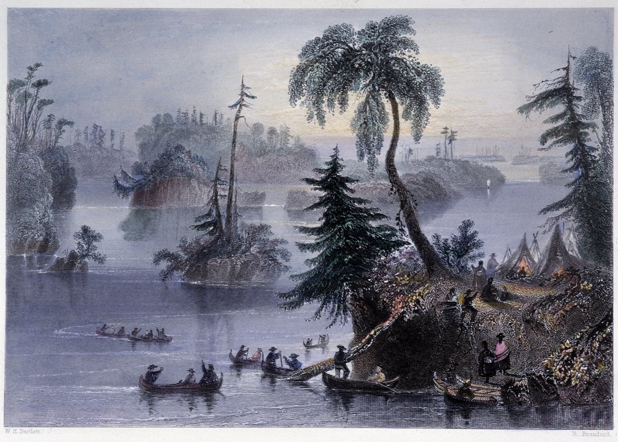 Scene blant de tusen øyene: Camp and Boats, Mille îles - i "" kanadisk natur illustrert" av Bartlett W. H. av William Henry Bartlett