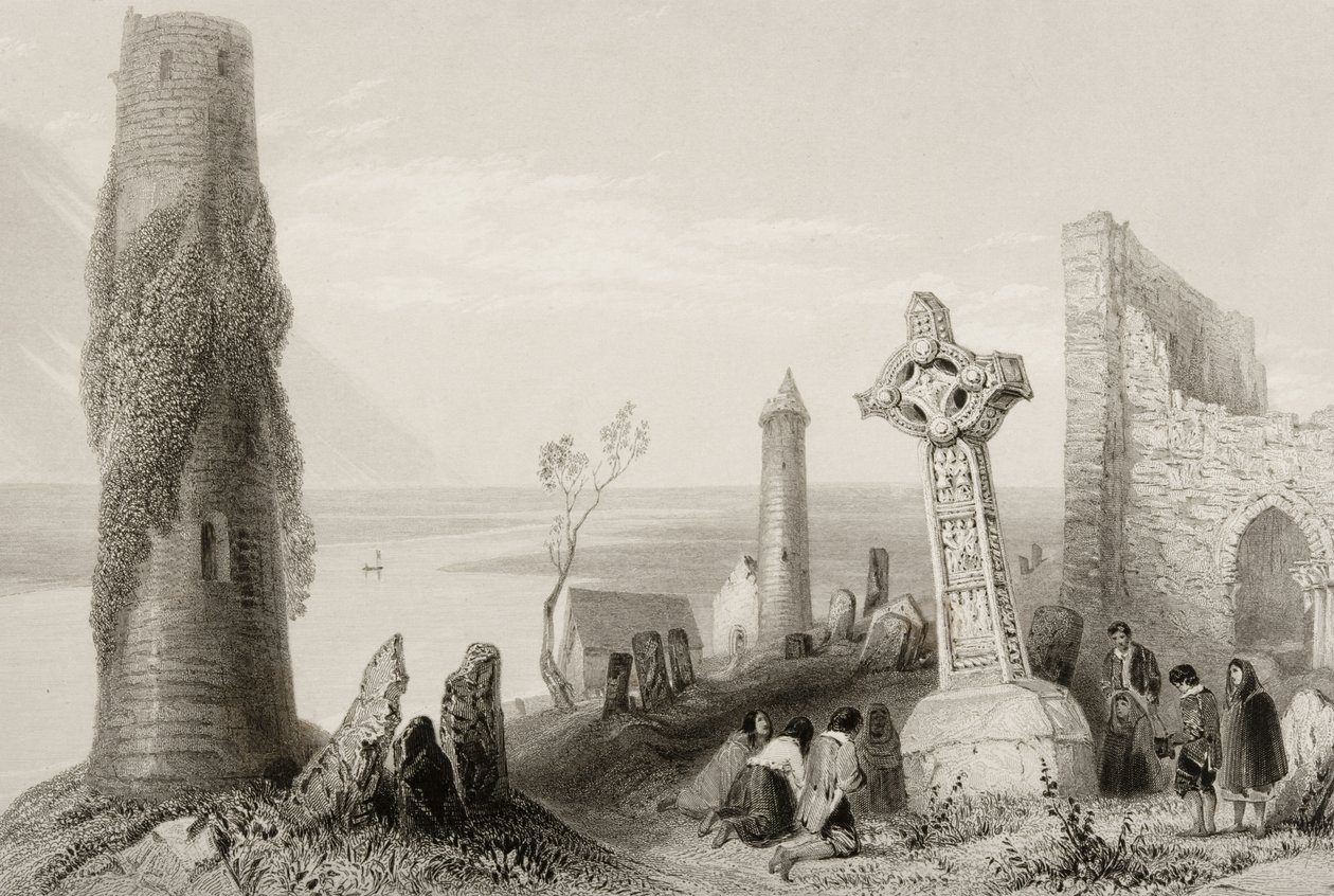 Det gamle korset og det runde tårnet i Clonmacnois, County Offaly, Irland, fra 