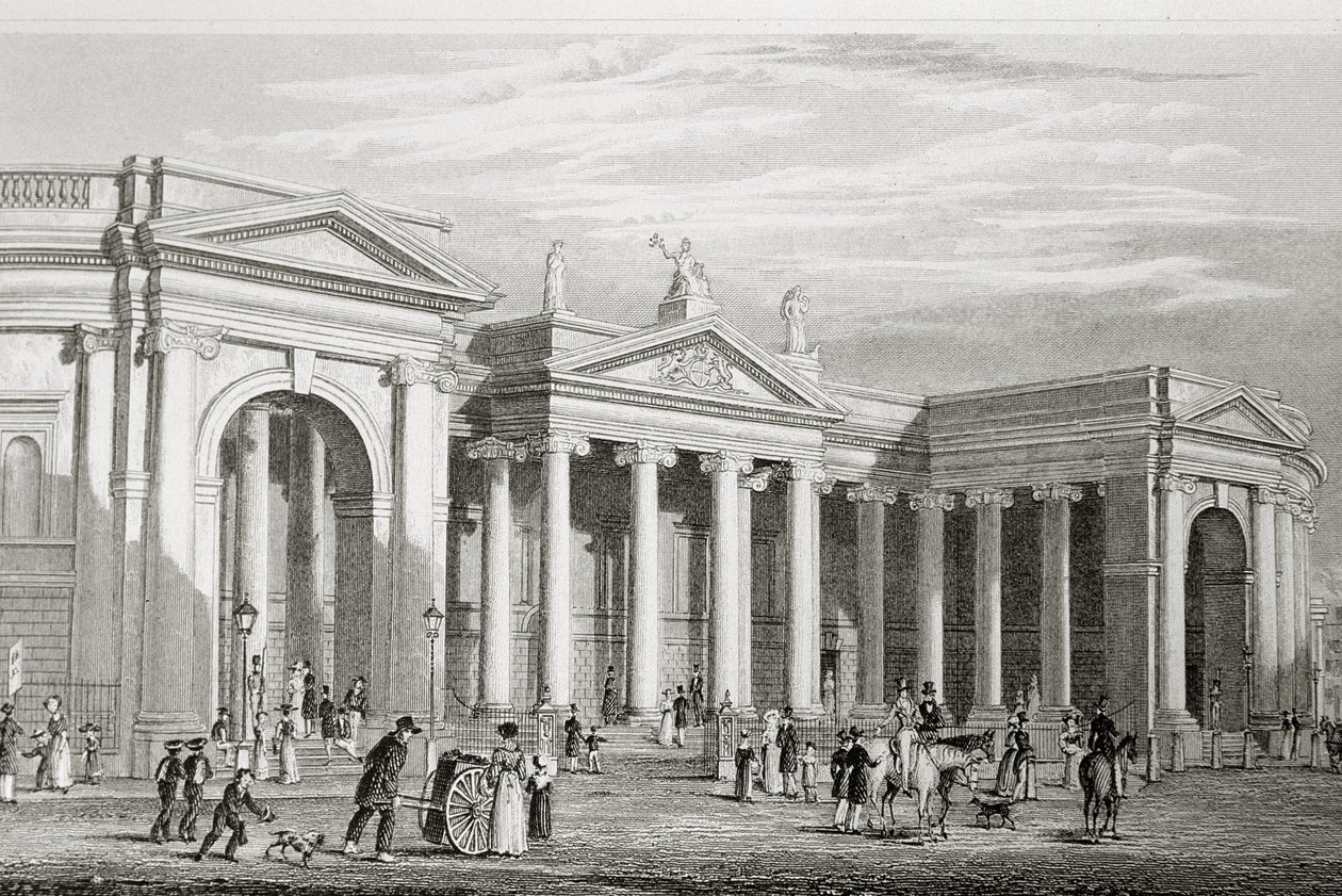 Bank of Ireland, Dublin, bygget i 1729, fra "Scenery and Antiquities of Ireland" av George Virtue, 1860-tallet av William Henry Bartlett