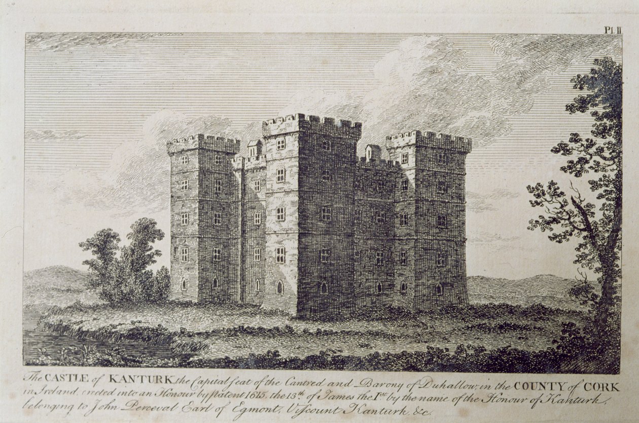 The Castle of Kanturk, County Cork, Irland på 1800-tallet, fra "Scenery and Antiquities of Ireland" av George Virtue av William Henry Bartlett