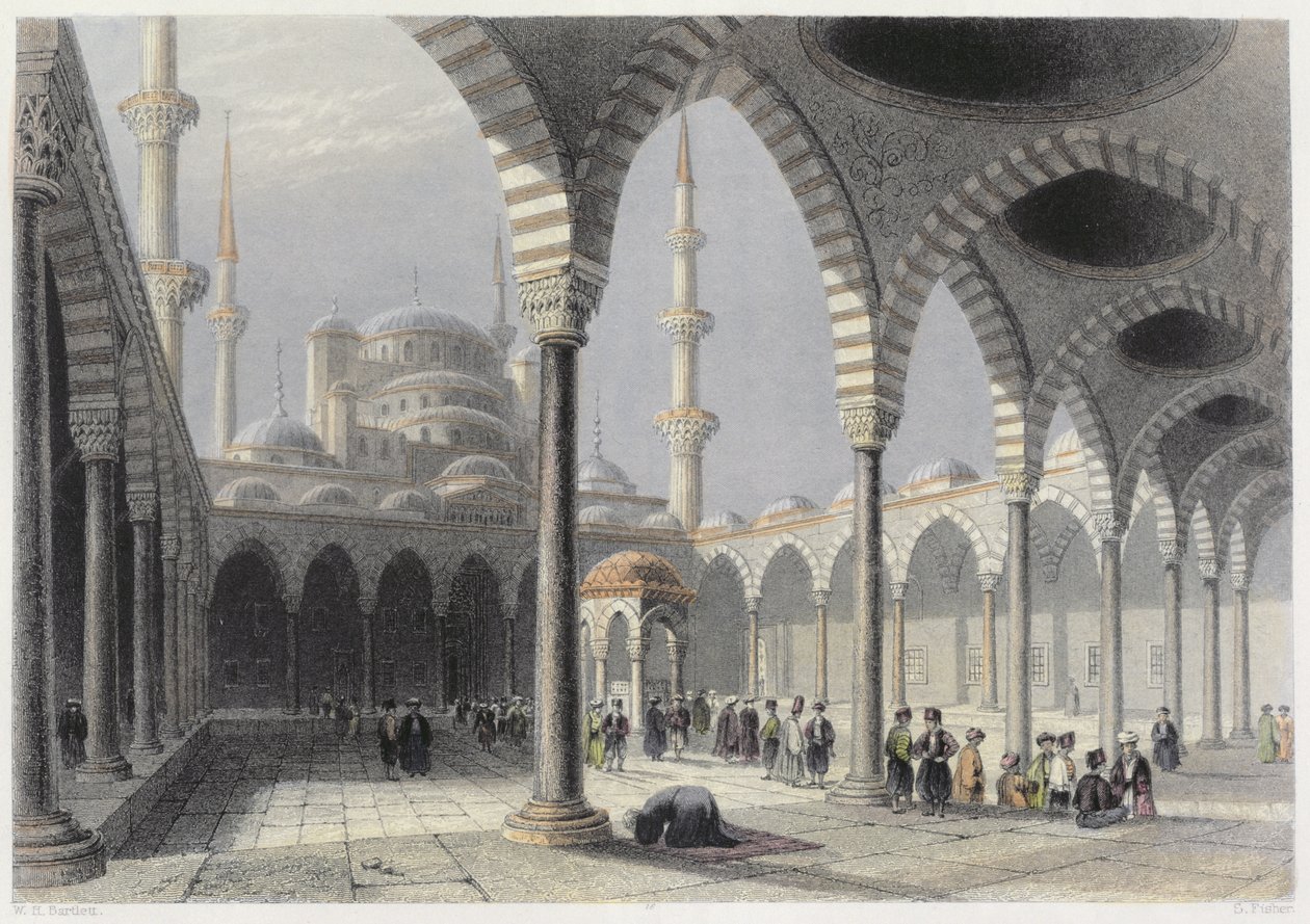 Domstolen til moskeen til Sultan Achmet, Istanbul, gravert av S. Fisher, ca. 1850 (akvatint) av William Henry Bartlett