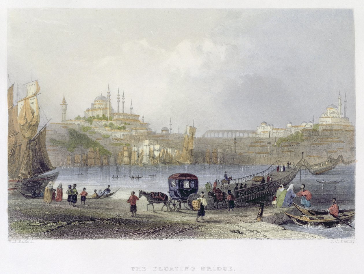 Den flytende broen, Istanbul, gravert av J.C. Bentley, ca. 1850 (akvatint) av William Henry Bartlett