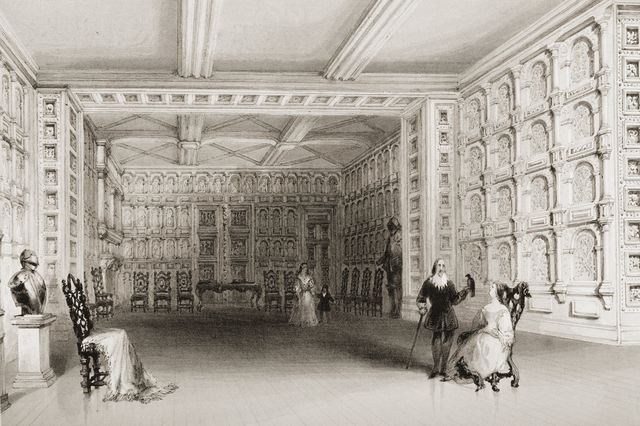 The Oak Room, Malahide Castle, County Dublin, Irland, fra "Scenery and Antiquities of Ireland" av George Virtue, 1860-tallet av William Henry Bartlett