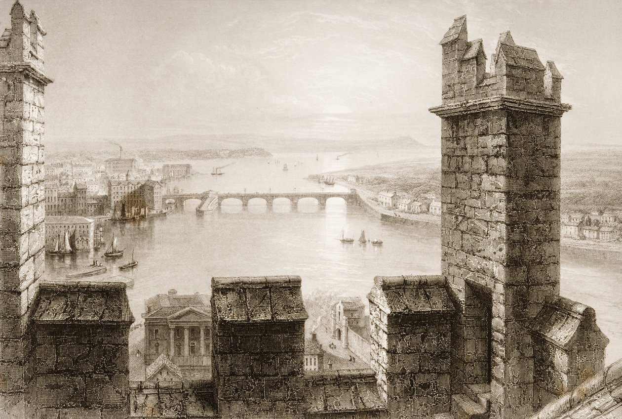 Elven Shannon og Limerick fra Cathedral Tower, County Limerick, fra "Scenery and Antiquities of Ireland" av George Virtue, 1860-tallet av William Henry Bartlett