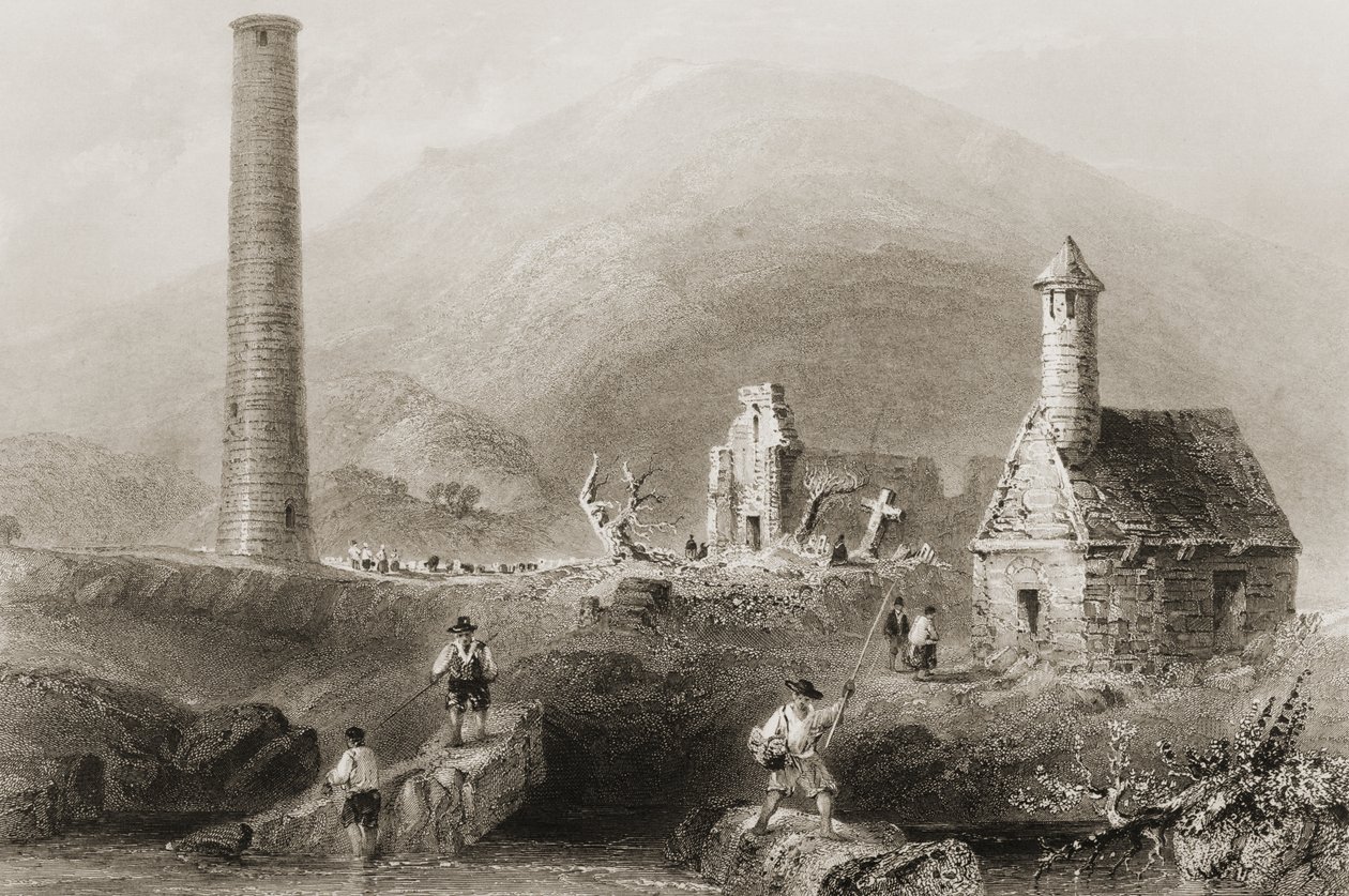 The Ruins at Glendalough, County Wicklow, Irland, fra "Scenery and Antiquities of Ireland" av George Virtue, 1860-tallet av William Henry Bartlett