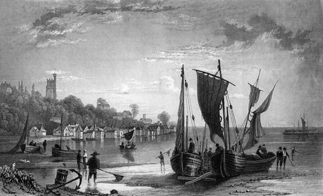 The Village of Leigh, nær Southend, Essex, gravert av Charles Mottram, 1833 av William Henry Bartlett