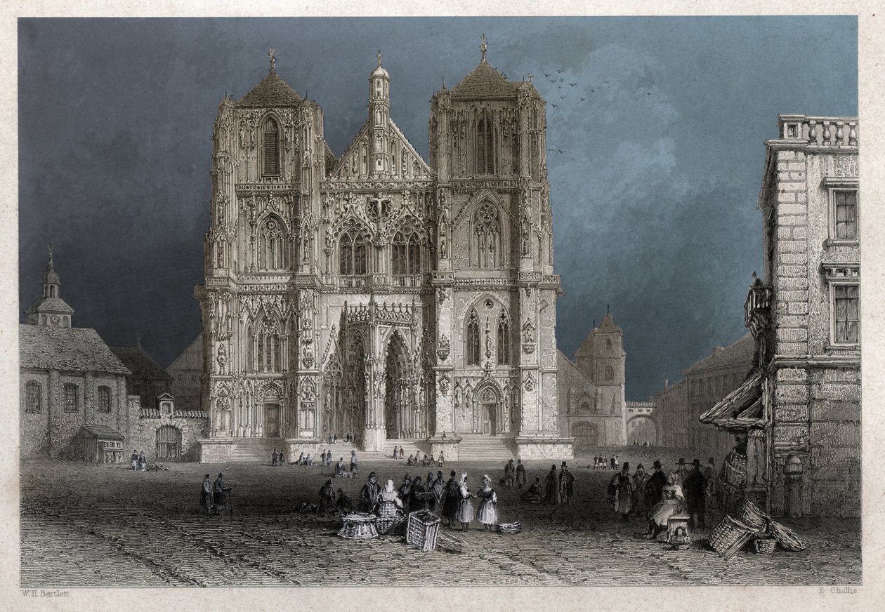 Katedralen eller kuppelen til St. Peter i Regensburg (Regensburg). ca. 1830 (gravering) av William Henry Bartlett
