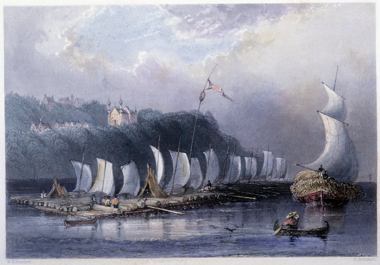Tømmertransport på St Laurent ved Cap Santé - i "" kanadisk natur illustrert"" av Bartlett W. H. av William Henry Bartlett