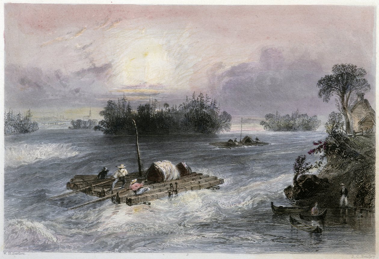 Transport av tre og stryk til landsbyen Cedars - i "" kanadisk natur illustrert" av Bartlett W. H. av William Henry Bartlett