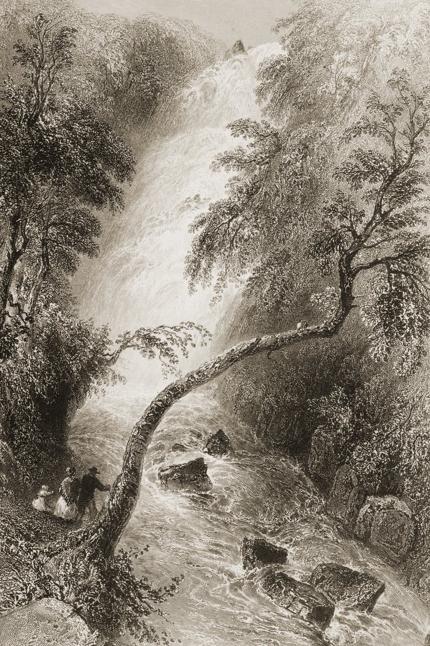 Turc Waterfall, County Killarney, Irland, fra "Scenery and Antiquities of Ireland" av George Virtue, 1860-tallet av William Henry Bartlett