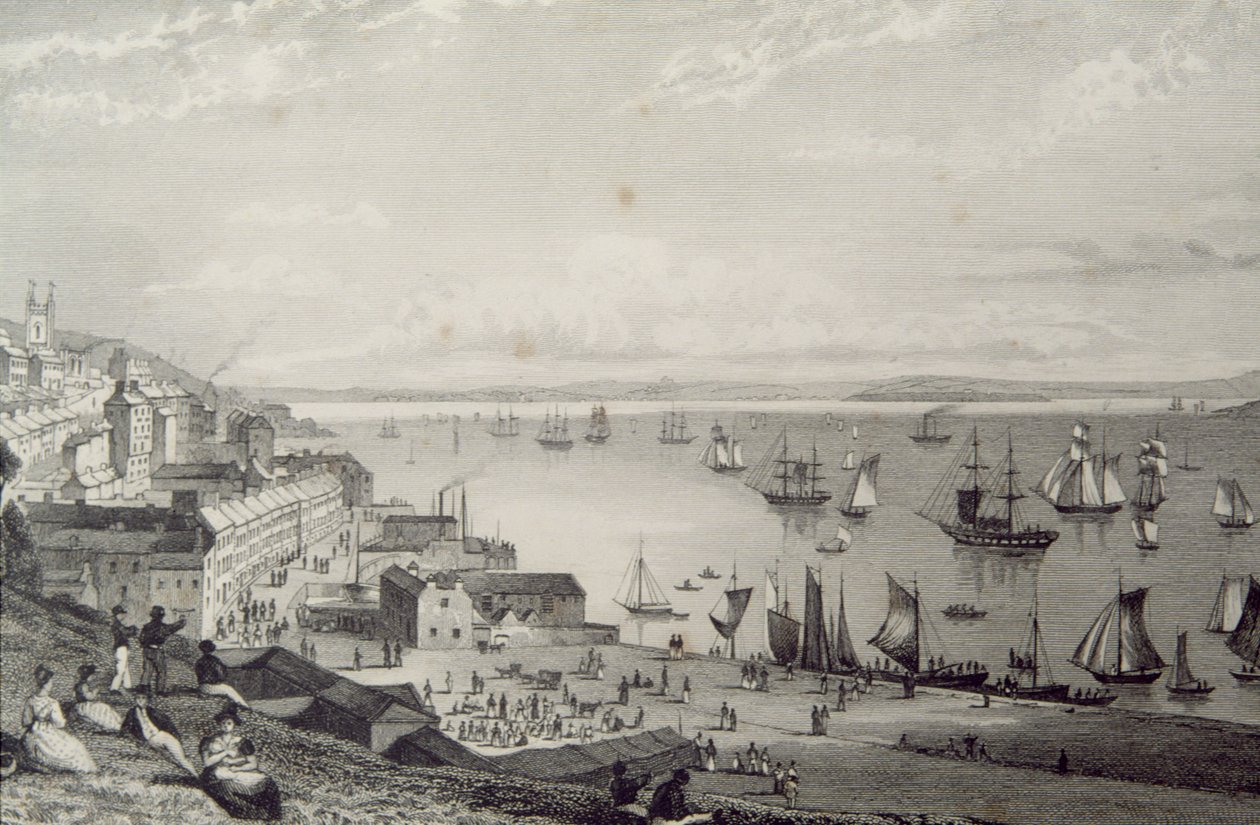 Utsikt over Cobh Harbour, med utsikt mot Rostellan, County Cork, Irland på 1830-tallet, fra "Scenery and Antiquities of Ireland" av George Virtue, 1860-tallet av William Henry Bartlett