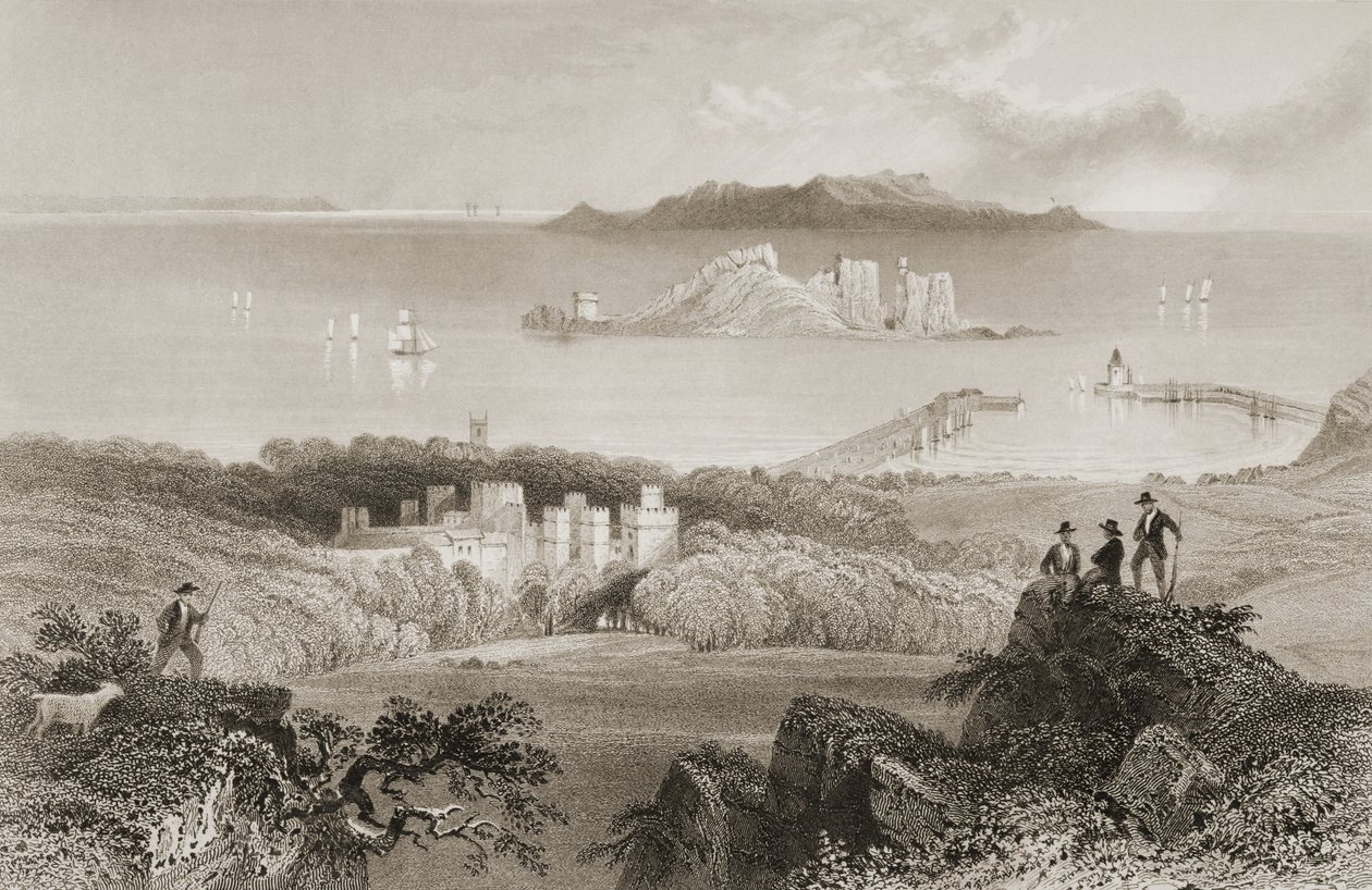 Utsikt over Howth Castle, County Dublin, Irland, fra "Scenery and Antiquities of Ireland" av George Virtue, 1860-tallet av William Henry Bartlett