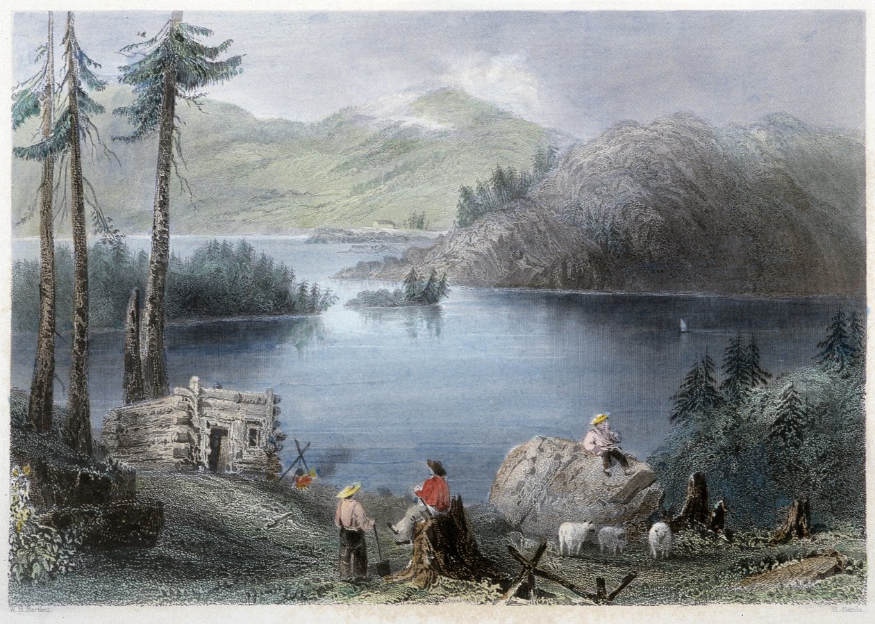 Utsikt over innsjøen og grensen - i "" kanadisk landskap illustrert" av Bartlett W. H. av William Henry Bartlett