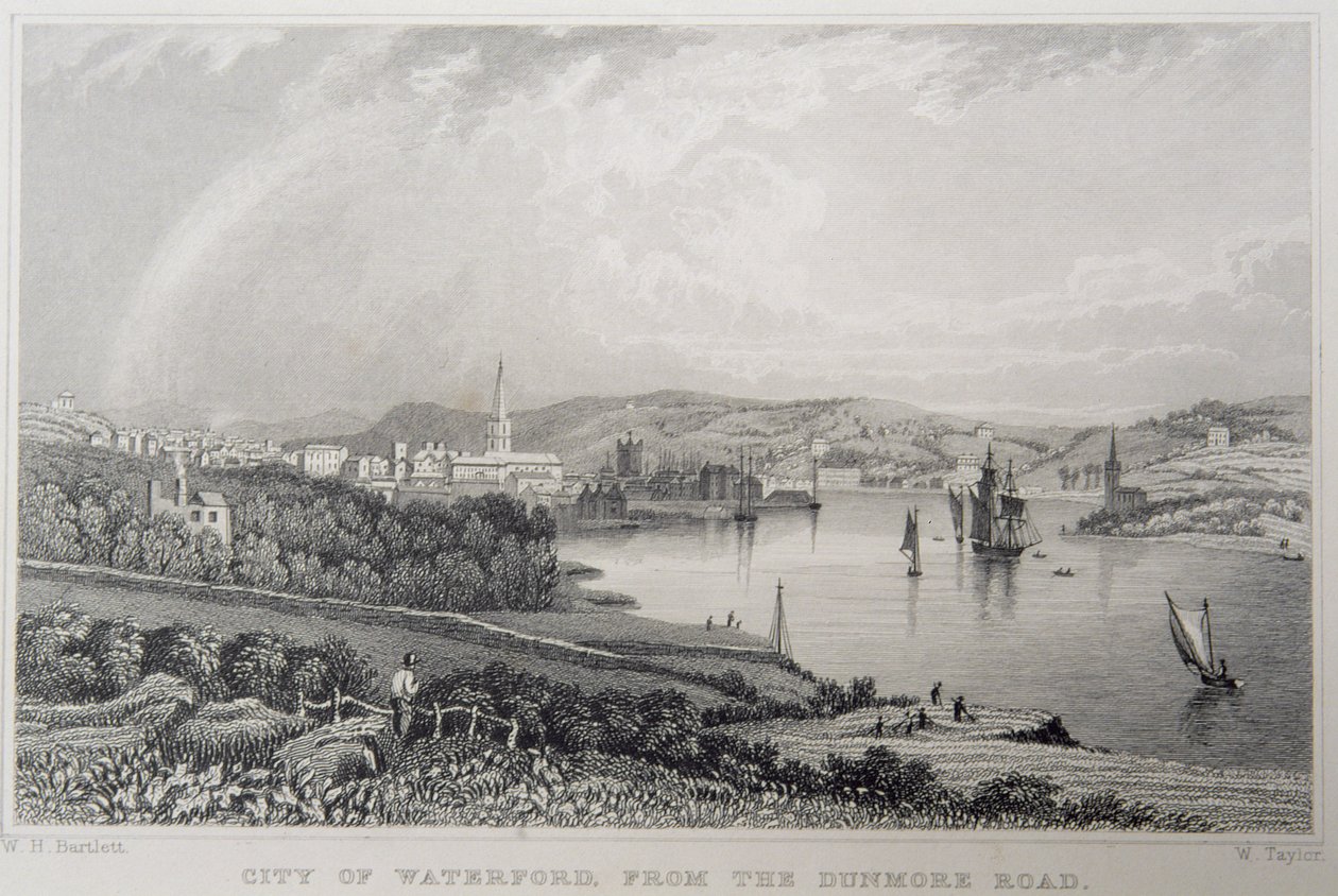 Utsikt over Waterford fra The Dunmore Road, Irland, gravert av W. Taylor av William Henry Bartlett