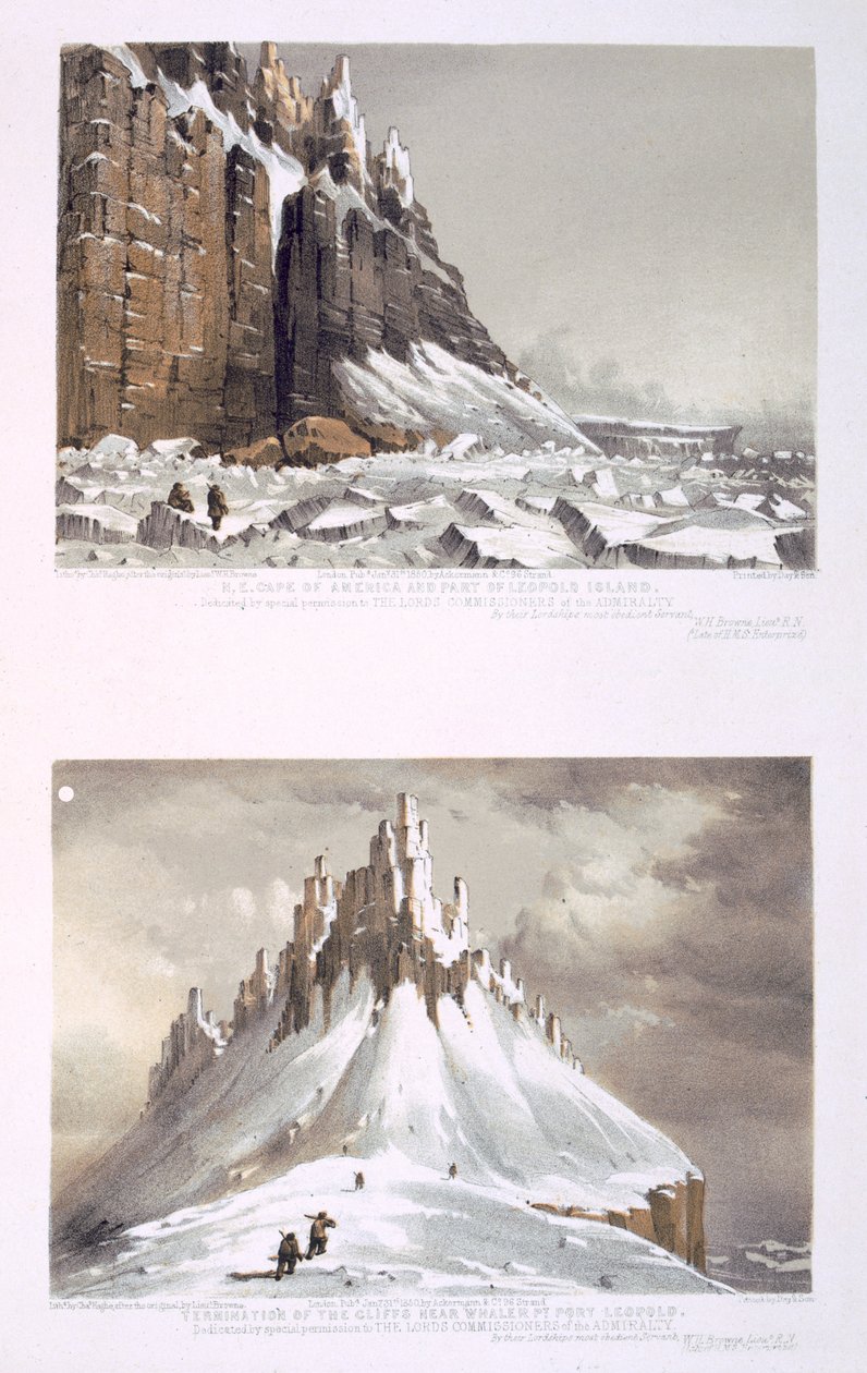 N.E. Cape of America og en del av Leopold Island (øverst) og Termin of the Cliffs nær Whaler Point, Port Leopold (nederst) fra "Ten Colored Views taken under the Arctic Expedition of Her Majesty" av William Henry Browne