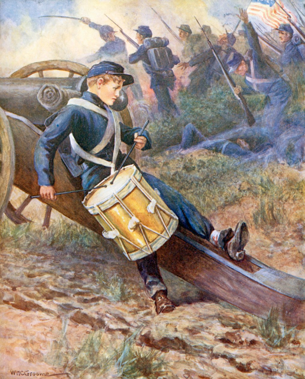 quot;Han krøp bak en kanon, og blekere og blekere vokstequot; (fargelitografi) av William Henry Charles Groome
