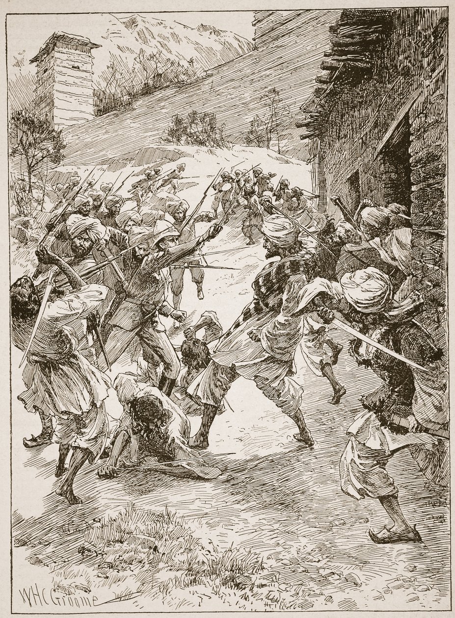 Løytnant Harley, i spissen for førti sikher og seksti kashmirier, stormet huset over munningen av gruven, illustrasjon fra "Battles of the Nineteenth Century" av Archibald Forbes, G.A. Henty an av William Henry Charles Groome