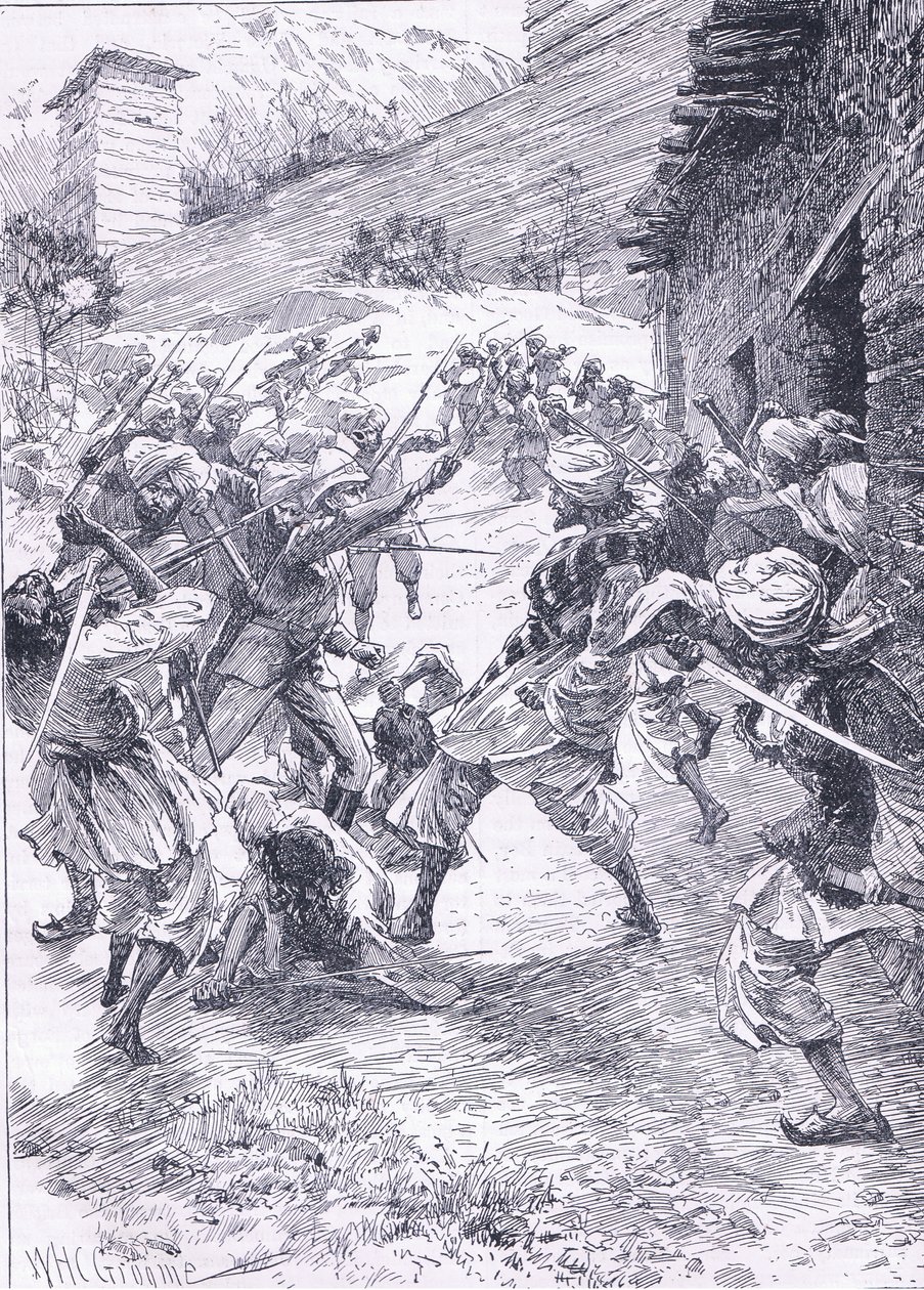 Løytnant Harley leder sorten fra Fort Chitral, illustrasjon fra Cassells History of England, 1900-tallet av William Henry Charles Groome