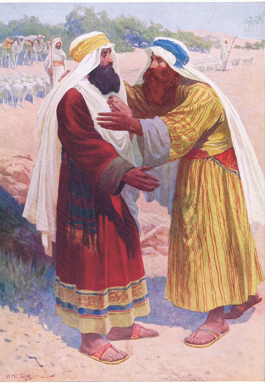 Møtet mellom Jakob og Esau, fra The Bible Picture Book utgitt av Thomas Nelson, ca. 1950 av William Henry Charles Groome